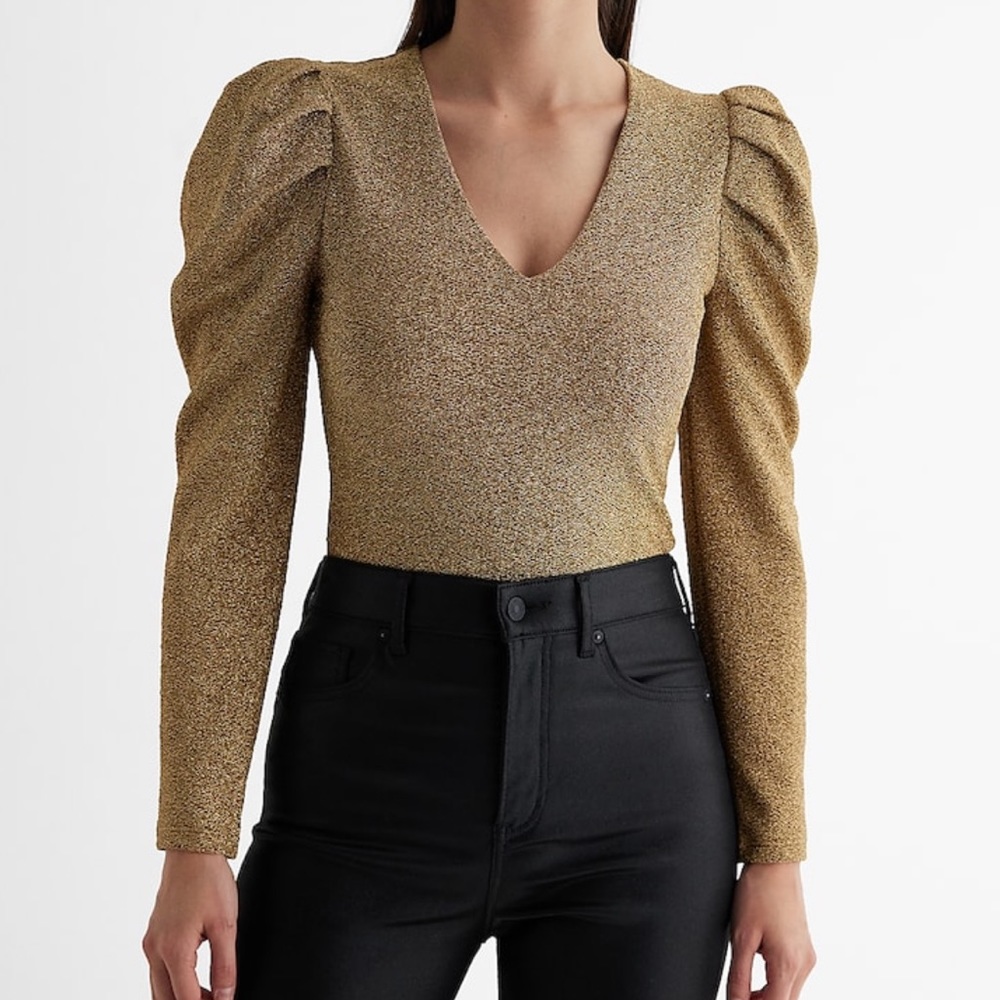 Express Gold Shine V-Neck Puff Sleeve Bodysuit SIZE XS